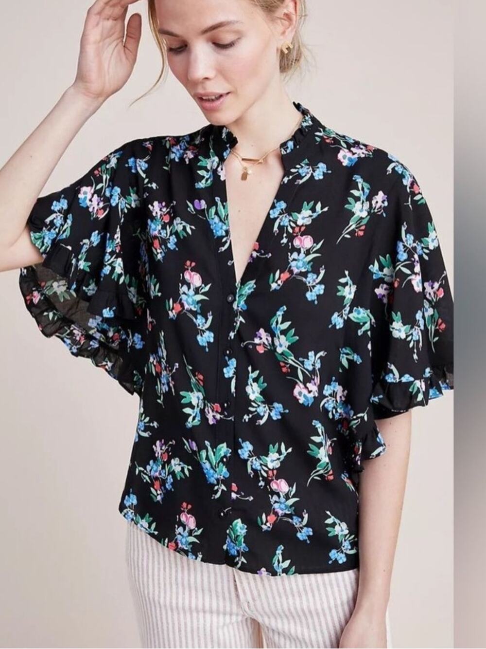Anthropologie Mauve Black Aveiro Flutter Sleeve Blouse